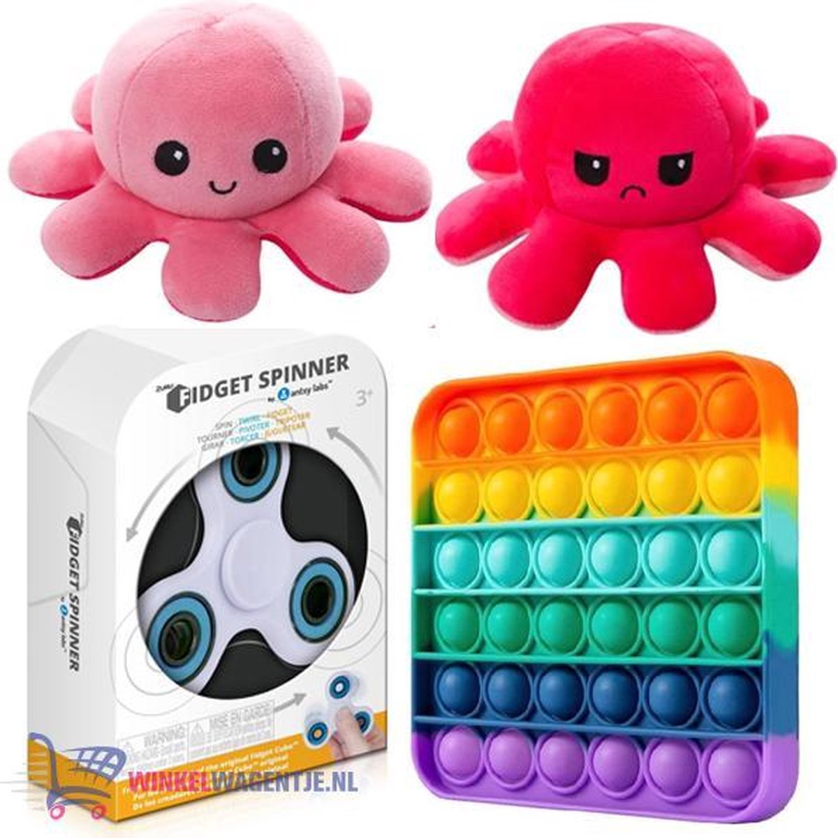 Pop It Fidget Toy Vierkant Rainbow (Regenboog) + Luxe Fidget Spinner + Octopus Mood Knuffel (Roze) | pop it fidget toy goedkoop, fidget toy, fidget toys pakket, fidget toys pop it, fidget toys stressbal, speelgoed voor kinderen, TikTok